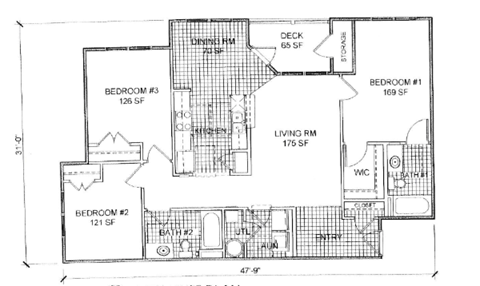 Floor plan for 3 beds, 2 baths, 1206 sqft